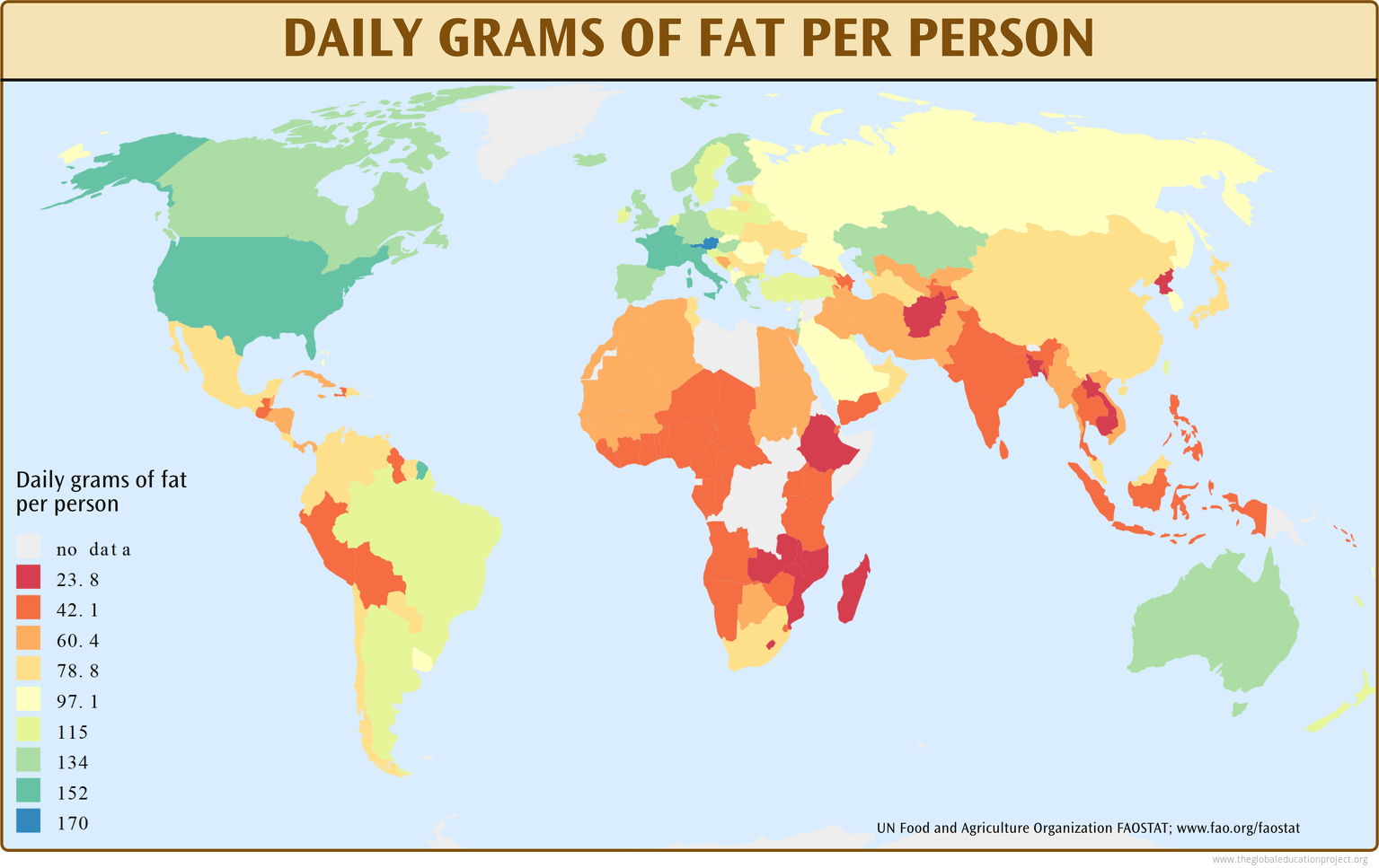 Map Of Daily Grams Of Fat The Global Education Project