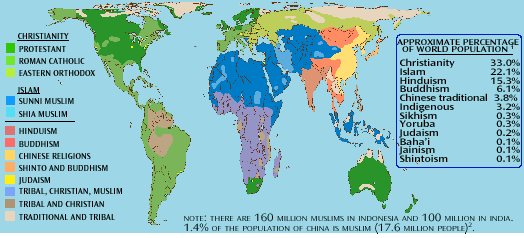 General contemporary distribution of the dominant religions